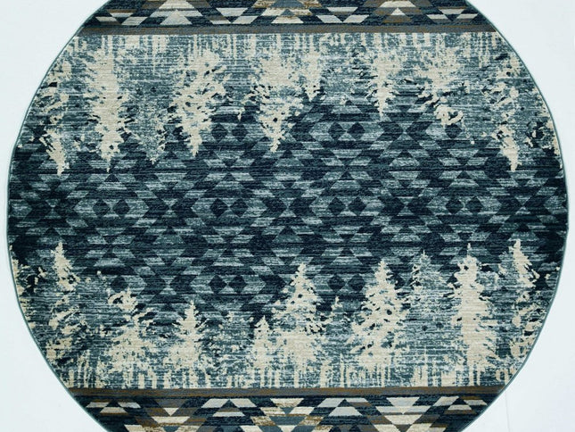 8' Slate Blue And Ivory Southwestern Round Rug