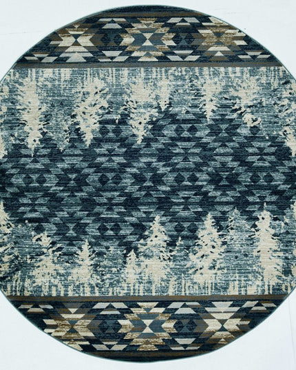 8' Slate Blue And Ivory Southwestern Round Rug