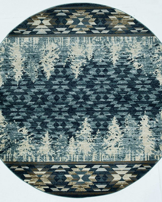 8' Slate Blue And Ivory Southwestern Round Rug