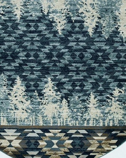 8' Slate Blue And Ivory Southwestern Round Rug