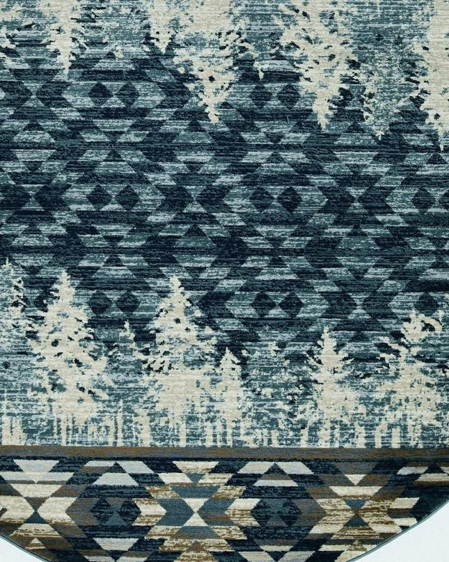 8' Slate Blue And Ivory Southwestern Round Rug