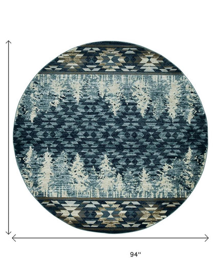8' Slate Blue And Ivory Southwestern Round Rug