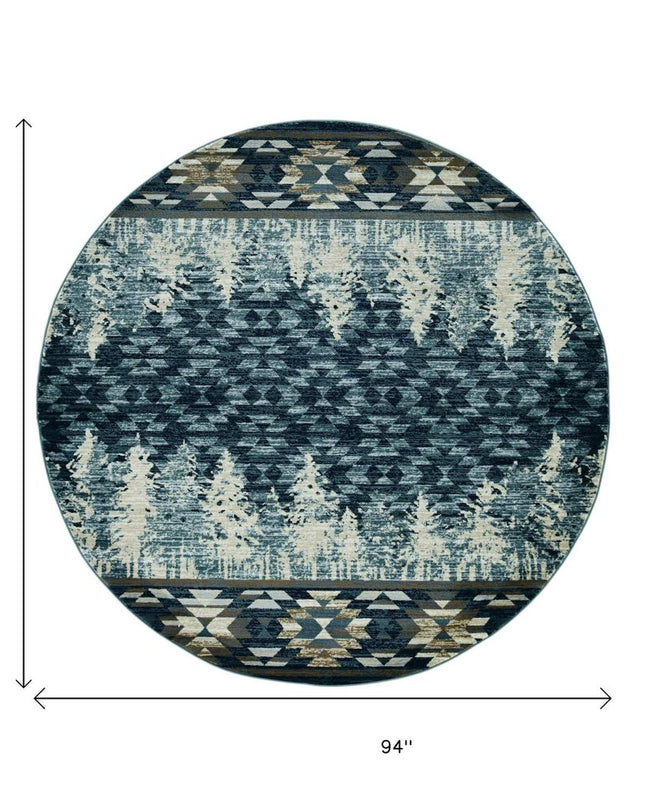 8' Slate Blue And Ivory Southwestern Round Rug