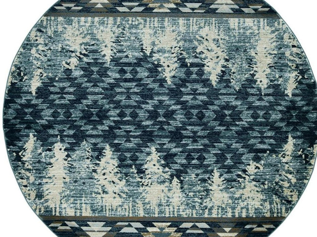 8' Slate Blue And Ivory Southwestern Round Rug