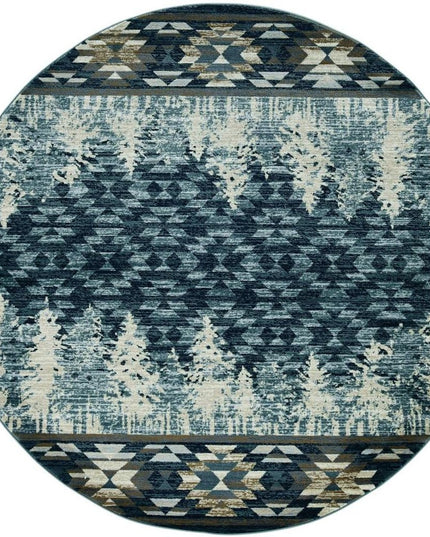 8' Slate Blue And Ivory Southwestern Round Rug