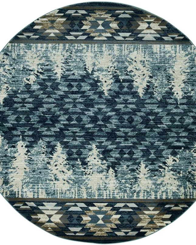 8' Slate Blue And Ivory Southwestern Round Rug