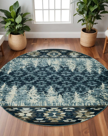 8' Slate Blue And Ivory Southwestern Round Rug