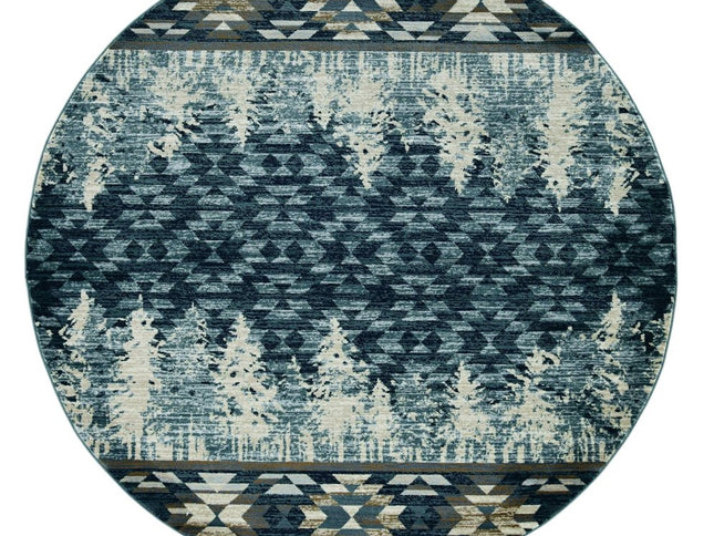 8' Slate Blue And Ivory Southwestern Round Rug
