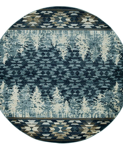 8' Slate Blue And Ivory Southwestern Round Rug