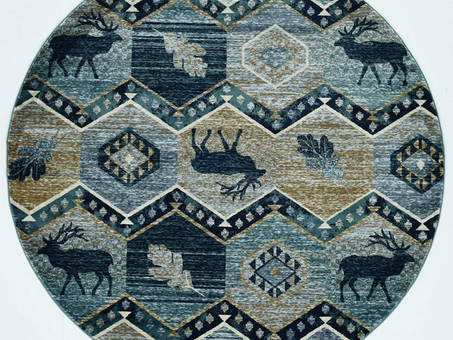 8' Blue And Green Woodland Lodge Round Rug