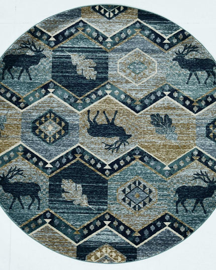 8' Blue And Green Woodland Lodge Round Rug