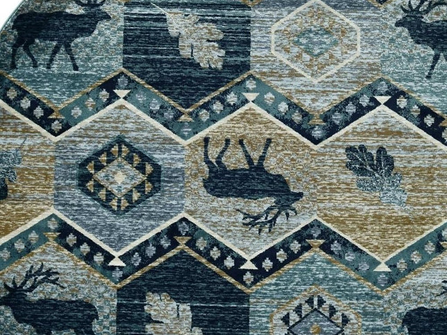 8' Blue And Green Woodland Lodge Round Rug