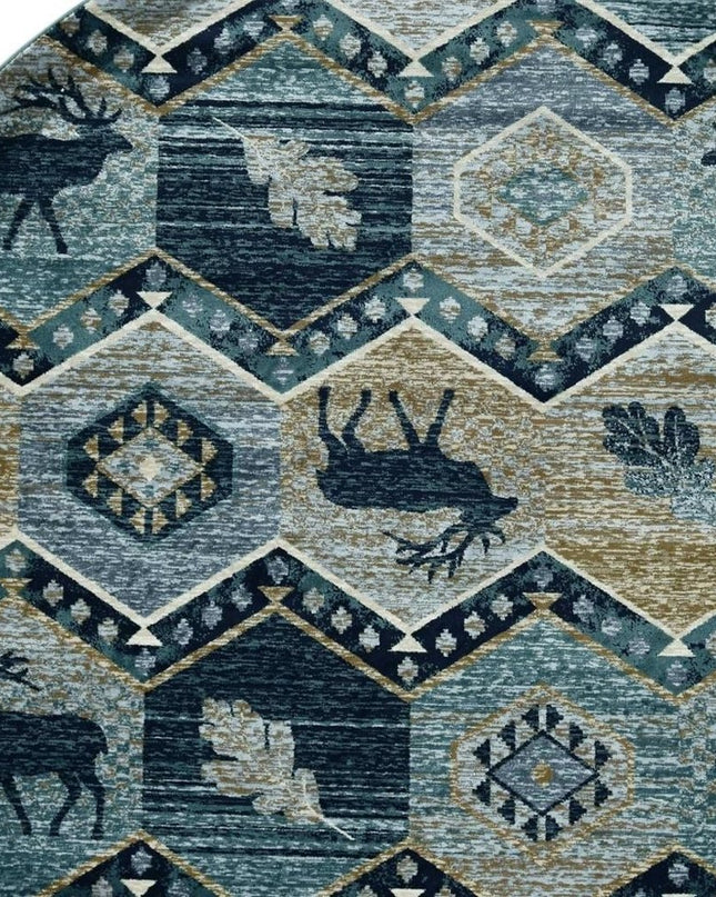 8' Blue And Green Woodland Lodge Round Rug