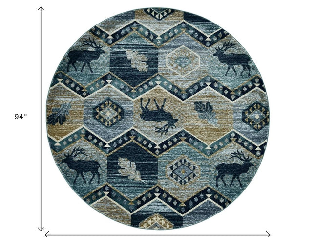 8' Blue And Green Woodland Lodge Round Rug