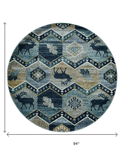 8' Blue And Green Woodland Lodge Round Rug