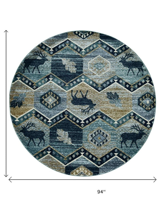 8' Blue And Green Woodland Lodge Round Rug