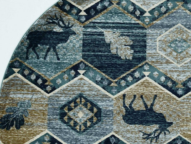 8' Blue And Green Woodland Lodge Round Rug