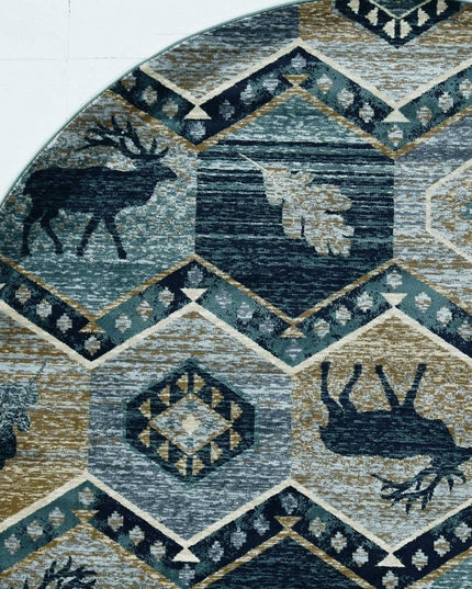 8' Blue And Green Woodland Lodge Round Rug