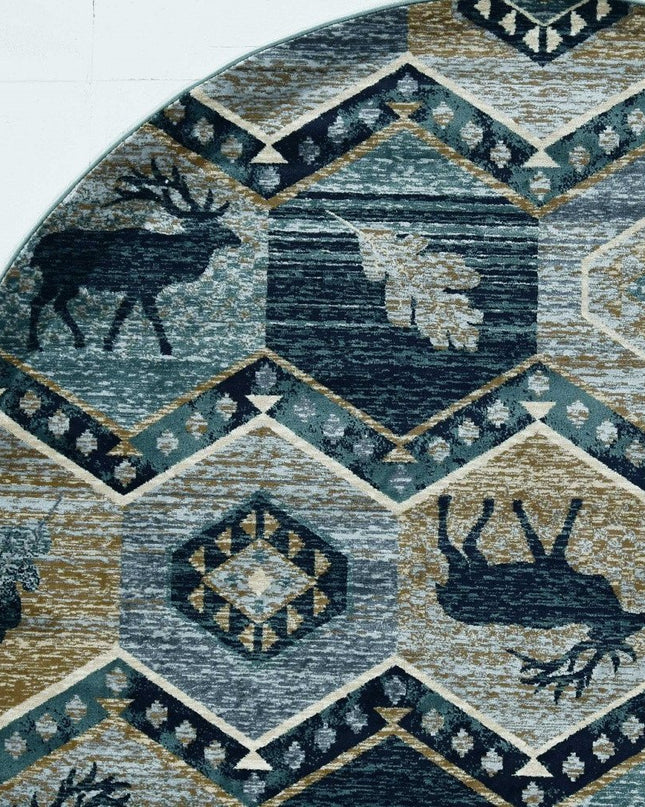 8' Blue And Green Woodland Lodge Round Rug