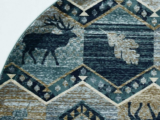 8' Blue And Green Woodland Lodge Round Rug