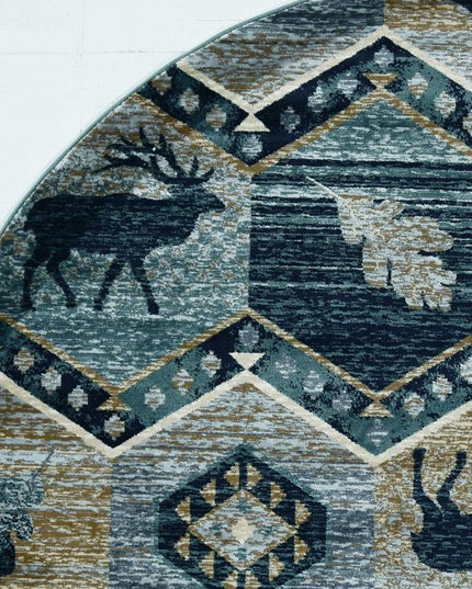 8' Blue And Green Woodland Lodge Round Rug
