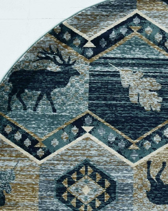8' Blue And Green Woodland Lodge Round Rug