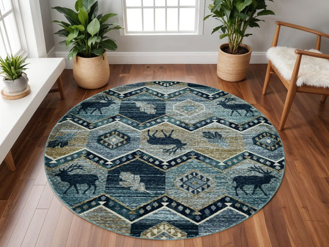 8' Blue And Green Woodland Lodge Round Rug