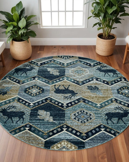 8' Blue And Green Woodland Lodge Round Rug