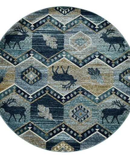 8' Blue And Green Woodland Lodge Round Rug