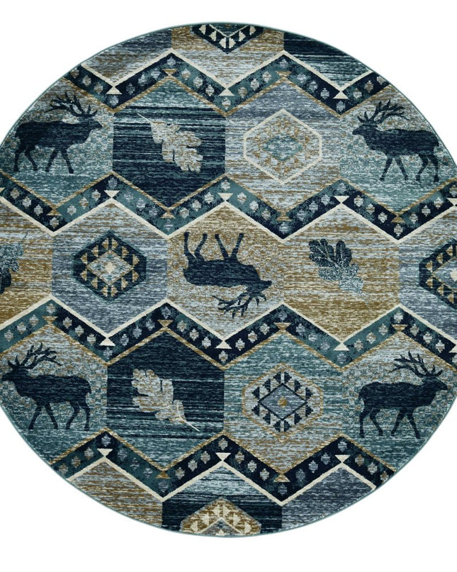 8' Blue And Green Woodland Lodge Round Rug