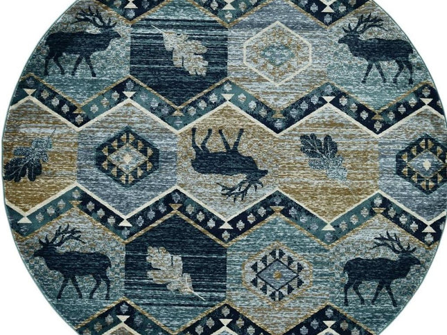 8' Blue And Green Woodland Lodge Round Rug
