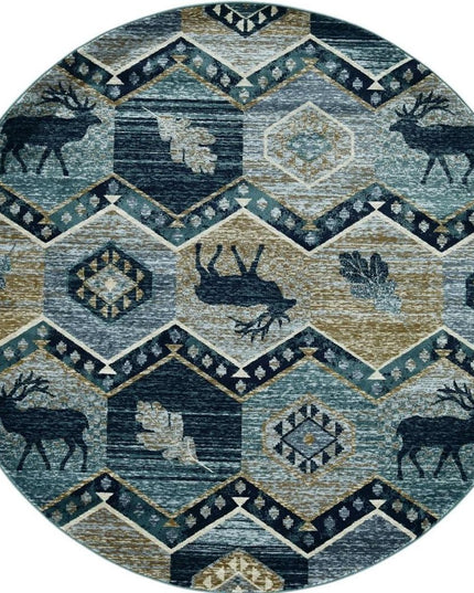 8' Blue And Green Woodland Lodge Round Rug