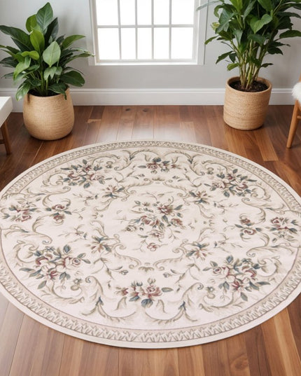 8' Ivory Red And Green Floral Medallion Round Rug