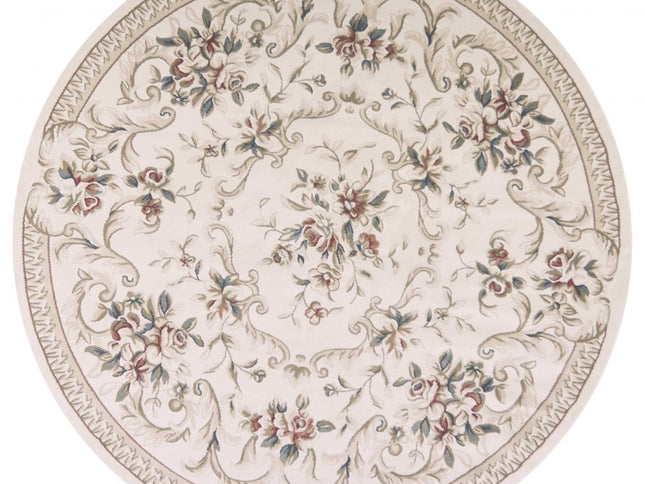 8' Ivory Red And Green Floral Medallion Round Rug