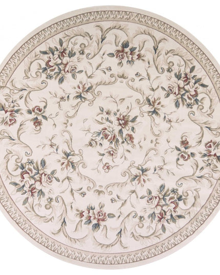 8' Ivory Red And Green Floral Medallion Round Rug