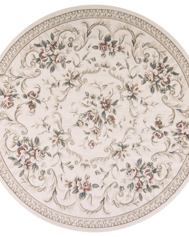 8' Ivory Red And Green Floral Medallion Round Rug