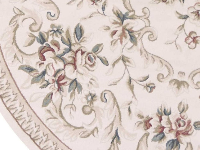 8' Ivory Red And Green Floral Medallion Round Rug