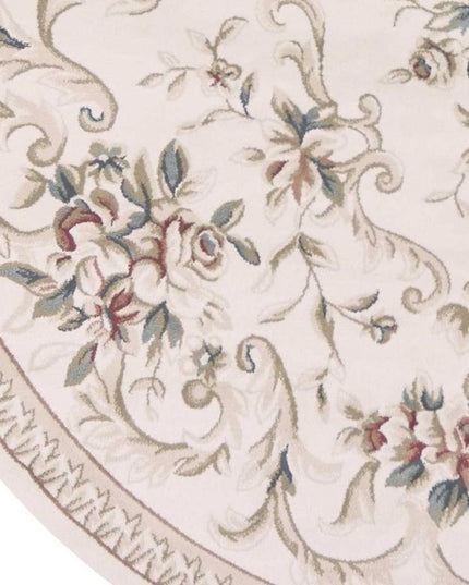 8' Ivory Red And Green Floral Medallion Round Rug