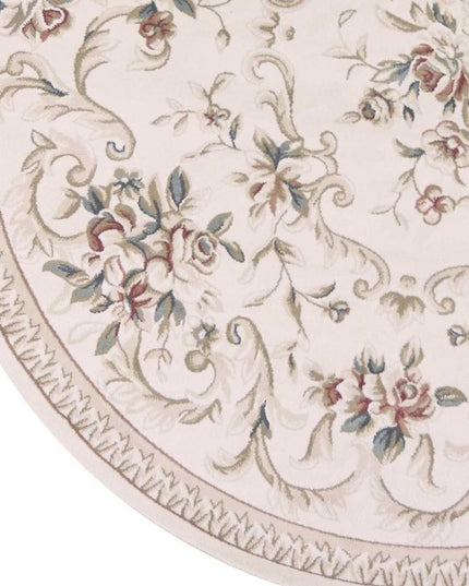 8' Ivory Red And Green Floral Medallion Round Rug