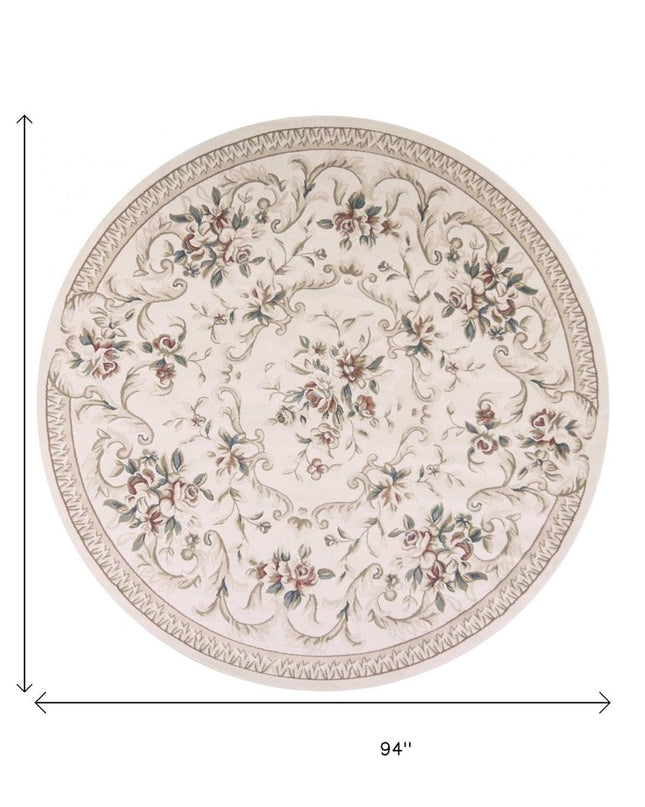 8' Ivory Red And Green Floral Medallion Round Rug