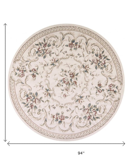 8' Ivory Red And Green Floral Medallion Round Rug