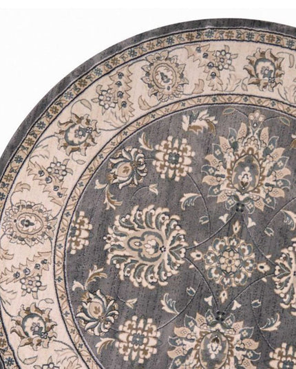 8' Gray And Ivory Floral Medallion Round Rug