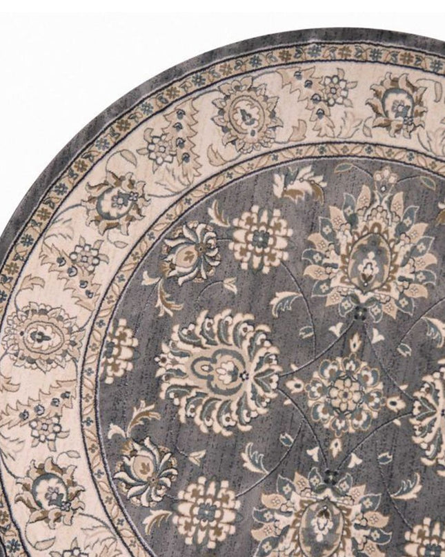 8' Gray And Ivory Floral Medallion Round Rug