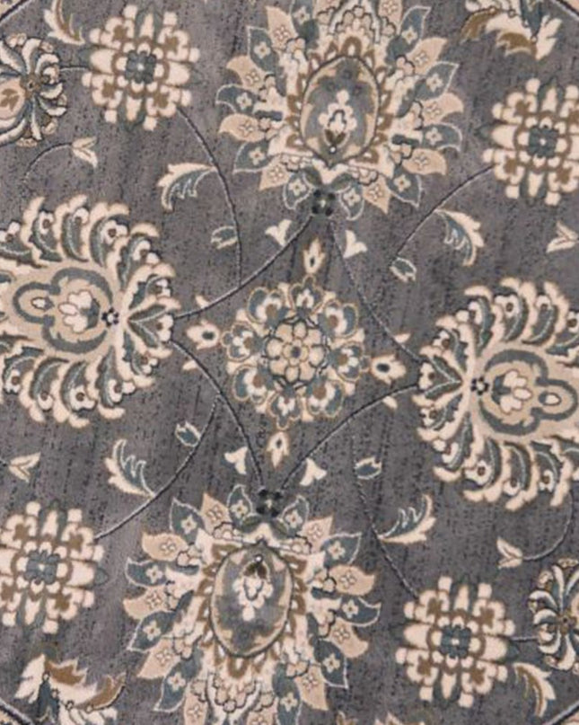 8' Gray And Ivory Floral Medallion Round Rug