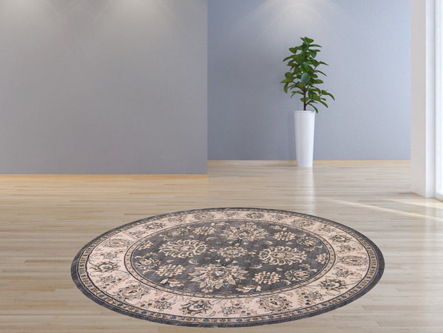 8' Gray And Ivory Floral Medallion Round Rug