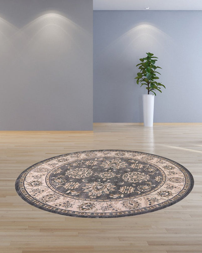 8' Gray And Ivory Floral Medallion Round Rug