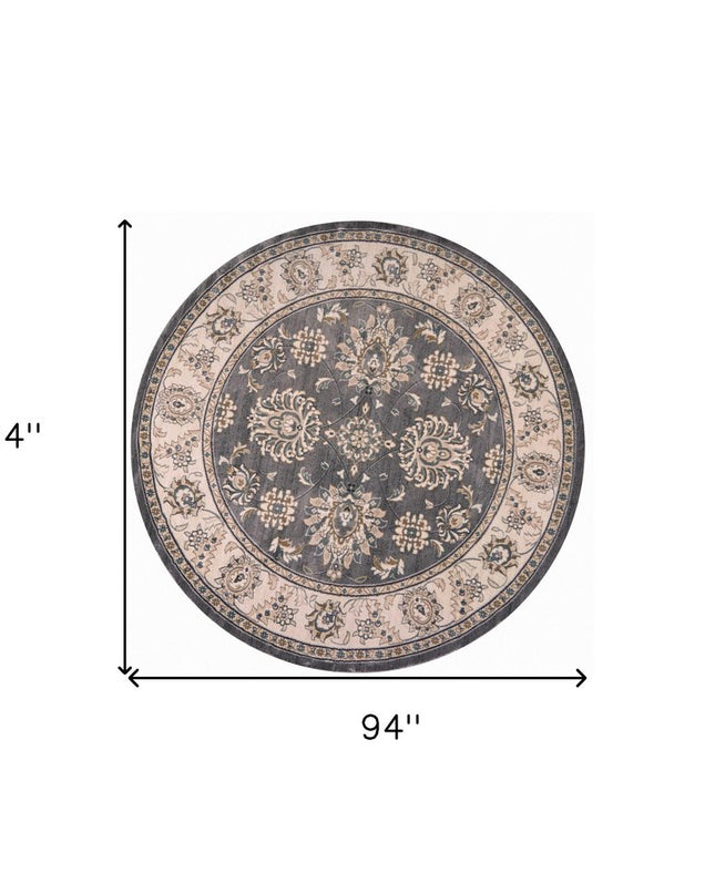 8' Gray And Ivory Floral Medallion Round Rug