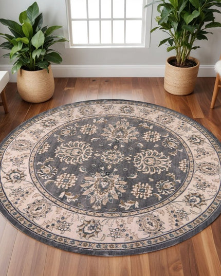 8' Gray And Ivory Floral Medallion Round Rug