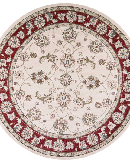 8' Ivory And Red Floral Medallion Round Rug