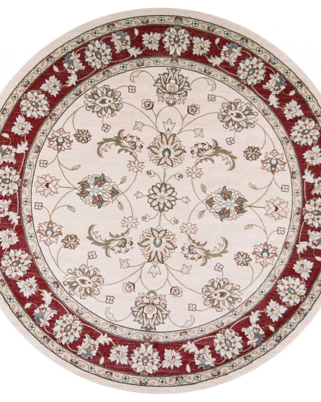 8' Ivory And Red Floral Medallion Round Rug